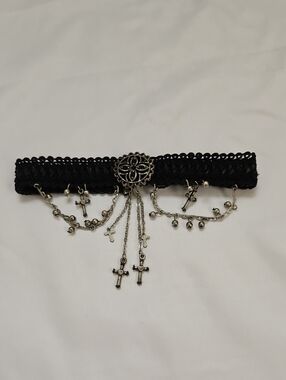 Hot Topic Black Lace Choker Necklace with Silver Cross Charms